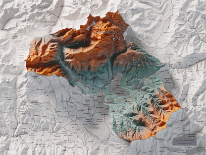 Mapa de relieve de la Alta Cerdanya, con el territorio en color y el entorno en blanco. Vista completa de la lámina. 30 × 40 cm. Estilo Contrastado.