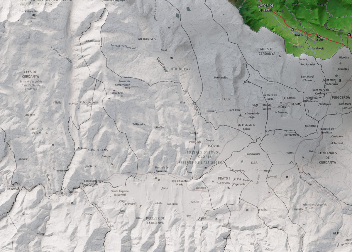 Mapa de relieve de la Alta Cerdanya, con el territorio en color y el entorno en blanco. Detalle de la zona inferior izquierda. 50 × 70 cm. Estilo Clásico.