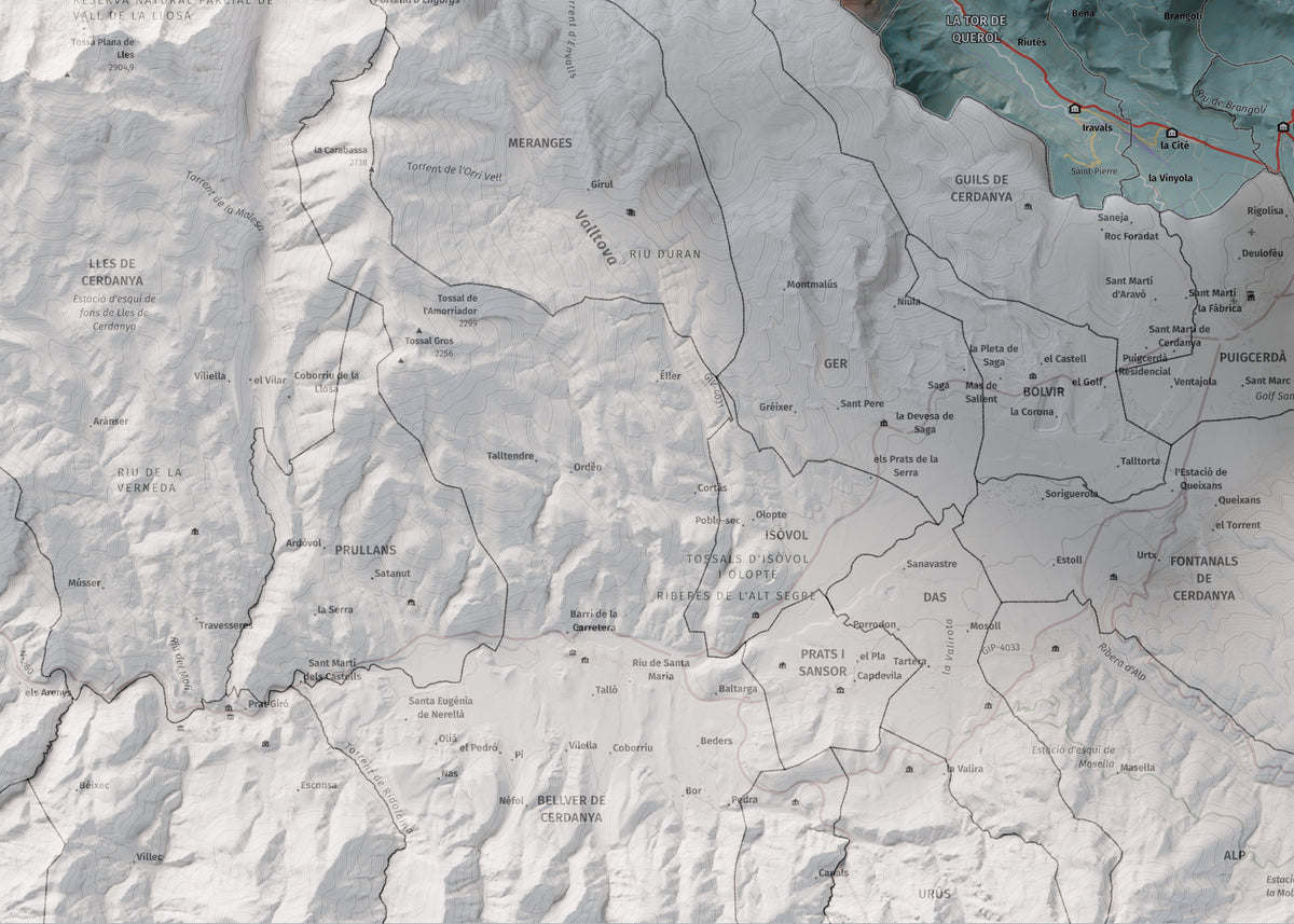 Mapa de relieve de la Alta Cerdanya, con el territorio en color y el entorno en blanco. Detalle de la zona inferior izquierda. 50 × 70 cm. Estilo Contrastado.