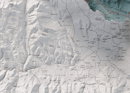 Mapa de relieve de la Alta Cerdanya, con el territorio en color y el entorno en blanco. Detalle de la zona inferior izquierda. 50 × 70 cm. Estilo Contrastado.
