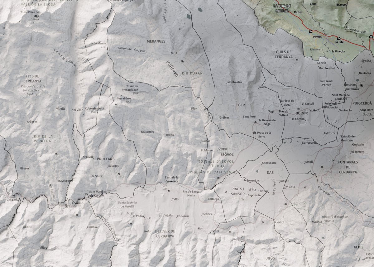 Mapa de relieve de la Alta Cerdanya, con el territorio en color y el entorno en blanco. Detalle de la zona inferior izquierda. 50 × 70 cm. Estilo Cartográfico.