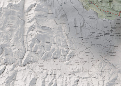 Mapa de relieve de la Alta Cerdanya, con el territorio en color y el entorno en blanco. Detalle de la zona inferior izquierda. 50 × 70 cm. Estilo Cartográfico.