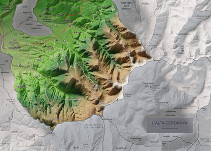Mapa de relieve de la Alta Cerdanya, con el territorio en color y el entorno en blanco. Detalle de la zona inferior derecha. 50 × 70 cm. Estilo Clásico.