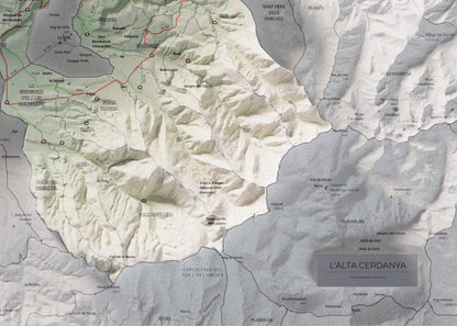 Mapa de relieve de la Alta Cerdanya, con el territorio en color y el entorno en blanco. Detalle de la zona inferior derecha. 50 × 70 cm. Estilo Cartográfico.