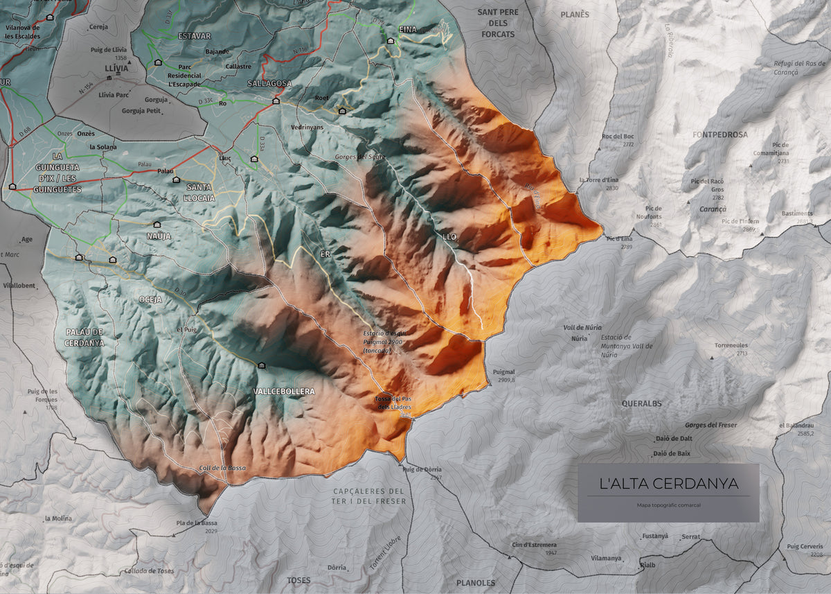Mapa de relieve de la Alta Cerdanya, con el territorio en color y el entorno en blanco. Detalle de la zona inferior derecha. 50 × 70 cm. Estilo Contrastado.