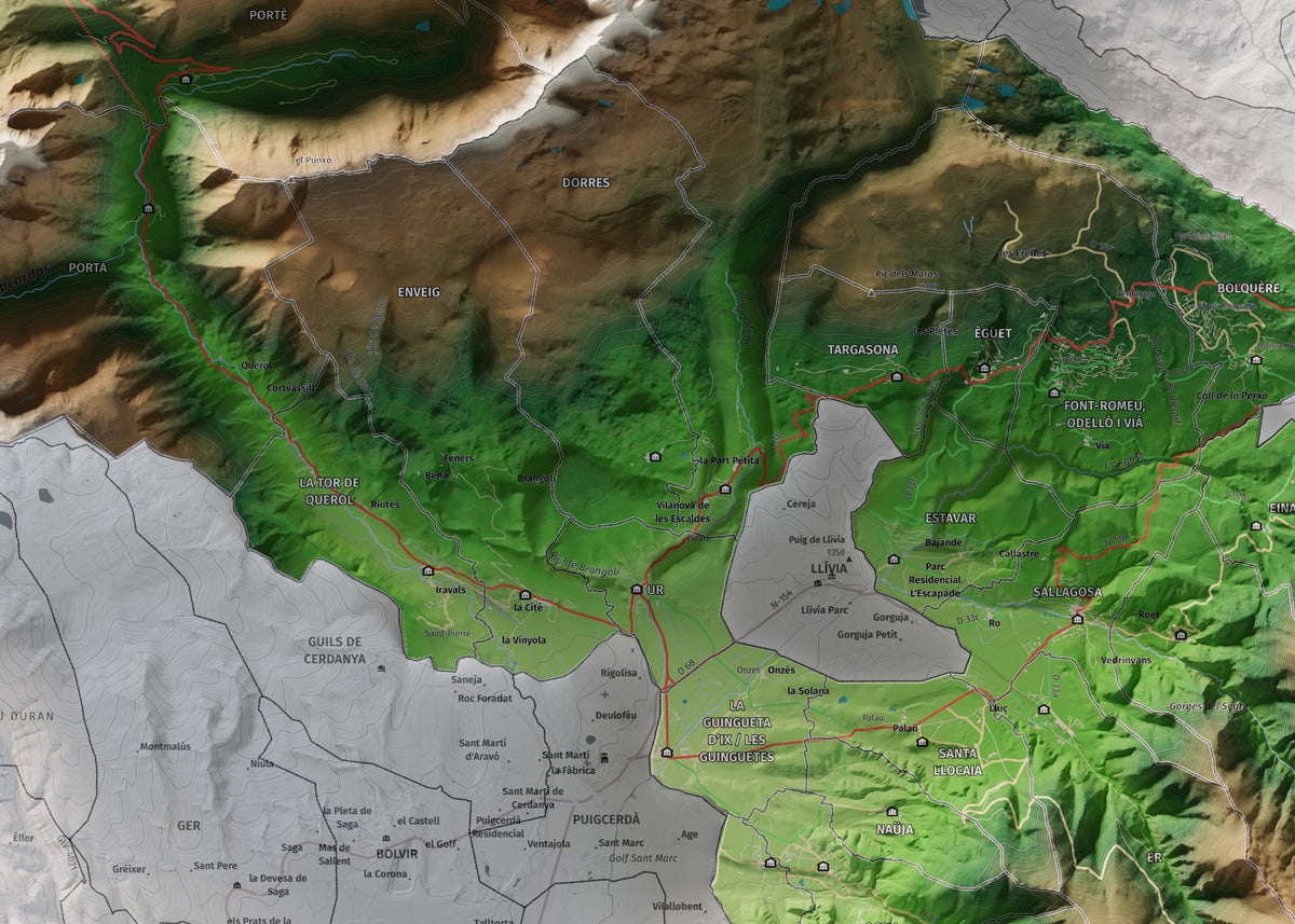 Mapa de relieve de la Alta Cerdanya, con el territorio en color y el entorno en blanco. Detalle de la zona central. 50 × 70 cm. Estilo Clásico.