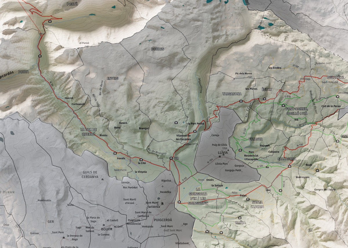 Mapa de relieve de la Alta Cerdanya, con el territorio en color y el entorno en blanco. Detalle de la zona central. 50 × 70 cm. Estilo Cartográfico.