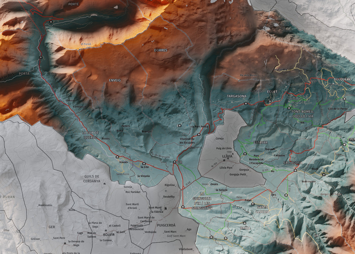 Mapa de relieve de la Alta Cerdanya, con el territorio en color y el entorno en blanco. Detalle de la zona central. 50 × 70 cm. Estilo Contrastado.