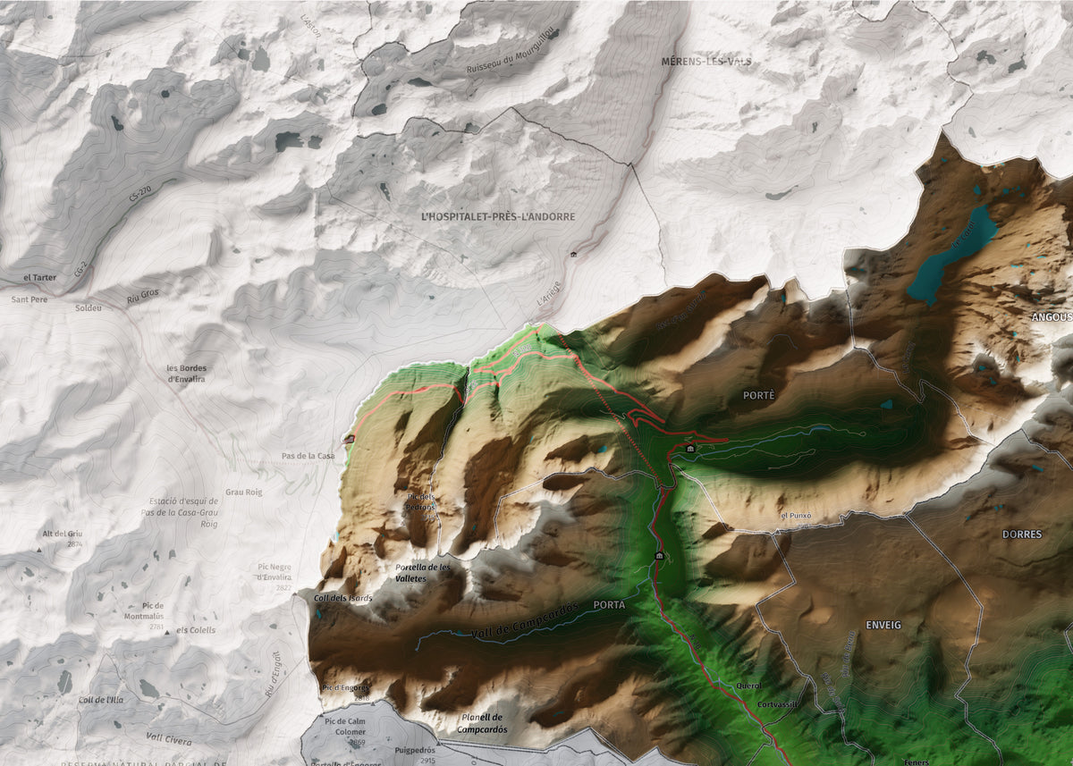 Mapa de relieve de la Alta Cerdanya, con el territorio en color y el entorno en blanco. Detalle de la zona superior izquierda. 50 × 70 cm. Estilo Clásico.
