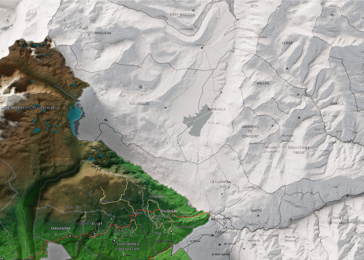 Mapa de relieve de la Alta Cerdanya, con el territorio en color y el entorno en blanco. Detalle de la zona superior derecha. 50 × 70 cm. Estilo Clásico.
