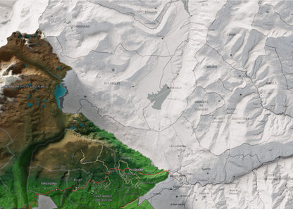 Mapa de relieve de la Alta Cerdanya, con el territorio en color y el entorno en blanco. Detalle de la zona superior derecha. 50 × 70 cm. Estilo Clásico.