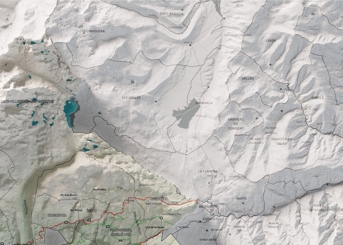 Mapa de relieve de la Alta Cerdanya, con el territorio en color y el entorno en blanco. Detalle de la zona superior derecha. 50 × 70 cm. Estilo Cartográfico.