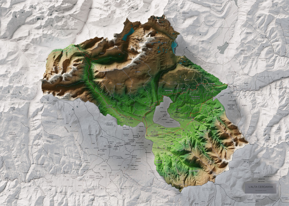 Mapa de relieve de la Alta Cerdanya, con el territorio en color y el entorno en blanco. Vista completa de la lámina. 50 × 70 cm. Estilo Clásico.