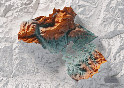Mapa de relieve de la Alta Cerdanya, con el territorio en color y el entorno en blanco. Vista completa de la lámina. 50 × 70 cm. Estilo Contrastado.