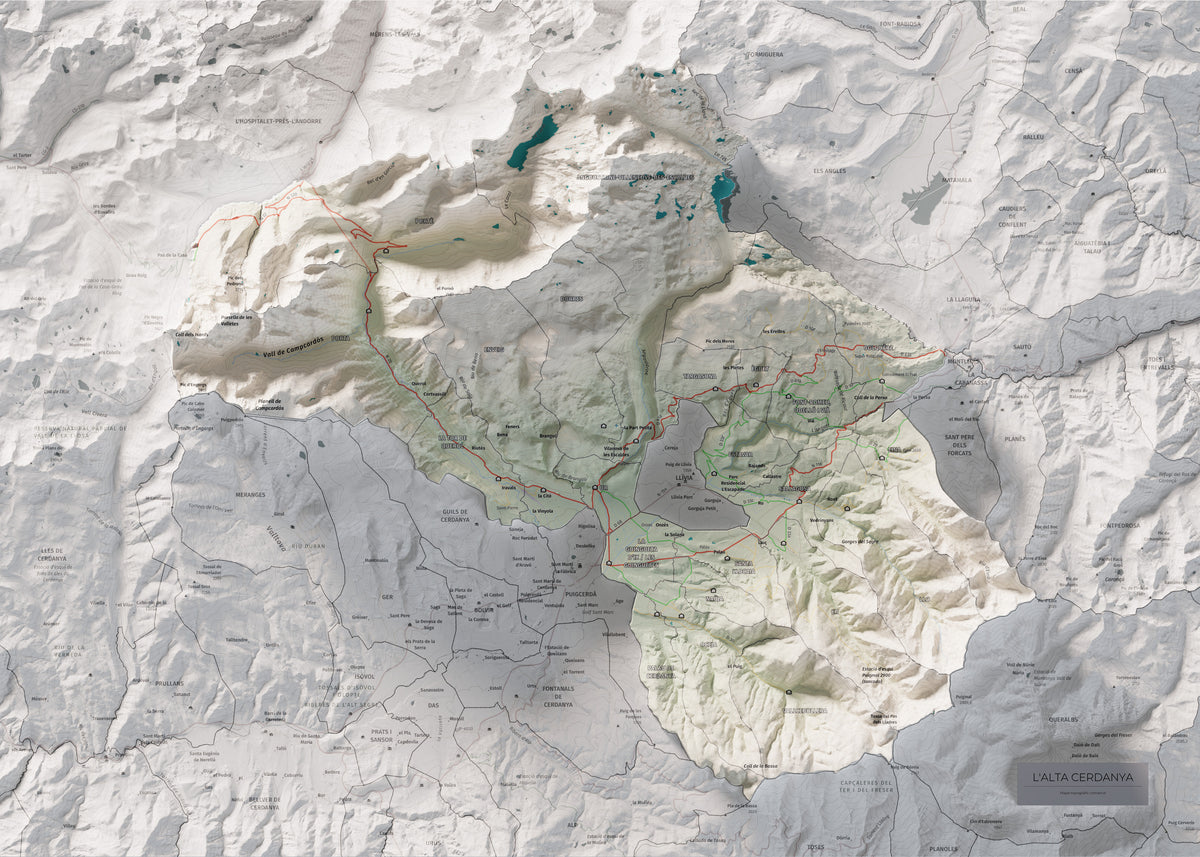 Mapa de relieve de la Alta Cerdanya, con el territorio en color y el entorno en blanco. Vista completa de la lámina. 50 × 70 cm. Estilo Cartográfico.