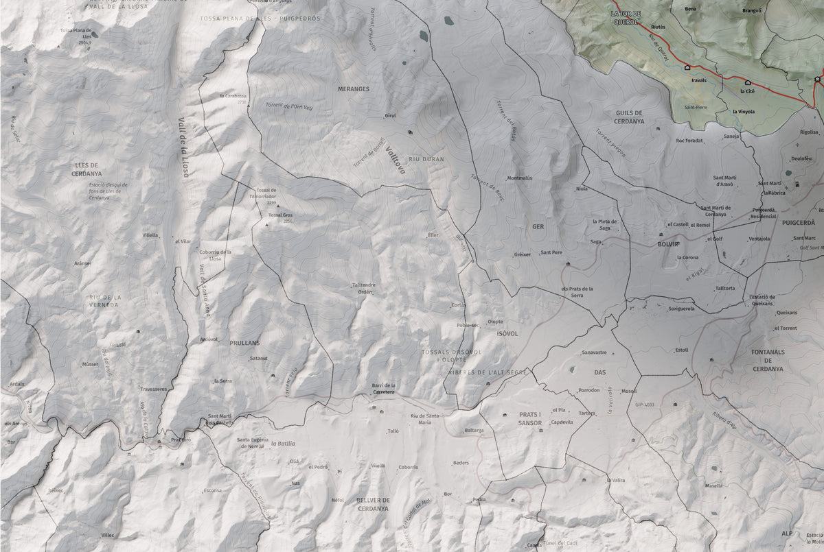 Mapa de relieve de la Alta Cerdanya, con el territorio en color y el entorno en blanco. Detalle de la zona inferior izquierda. 61 × 91 cm. Estilo Cartográfico.