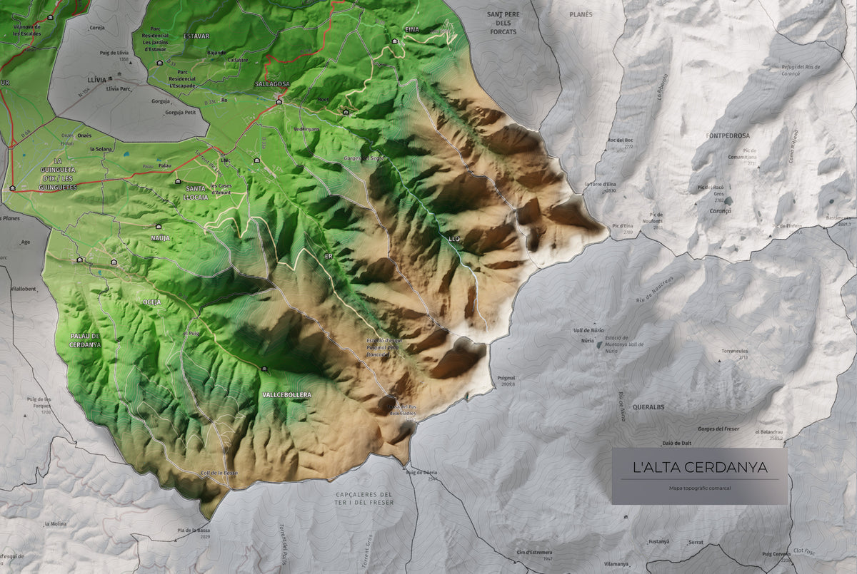 Mapa de relieve de la Alta Cerdanya, con el territorio en color y el entorno en blanco. Detalle de la zona inferior derecha. 61 × 91 cm. Estilo Clásico.