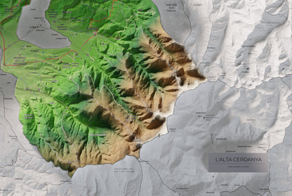 Mapa de relieve de la Alta Cerdanya, con el territorio en color y el entorno en blanco. Detalle de la zona inferior derecha. 61 × 91 cm. Estilo Clásico.