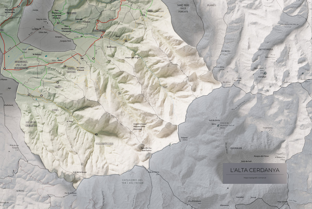 Mapa de relieve de la Alta Cerdanya, con el territorio en color y el entorno en blanco. Detalle de la zona inferior derecha. 61 × 91 cm. Estilo Cartográfico.