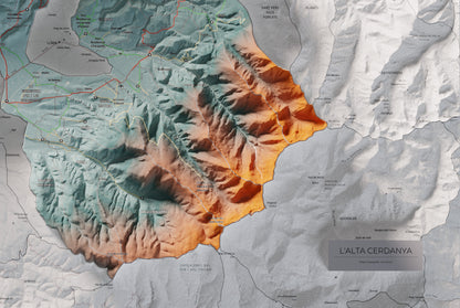 Mapa de relieve de la Alta Cerdanya, con el territorio en color y el entorno en blanco. Detalle de la zona inferior derecha. 61 × 91 cm. Estilo Contrastado.