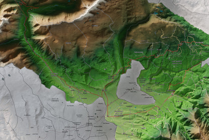 Mapa de relieve de la Alta Cerdanya, con el territorio en color y el entorno en blanco. Detalle de la zona central. 61 × 91 cm. Estilo Clásico.