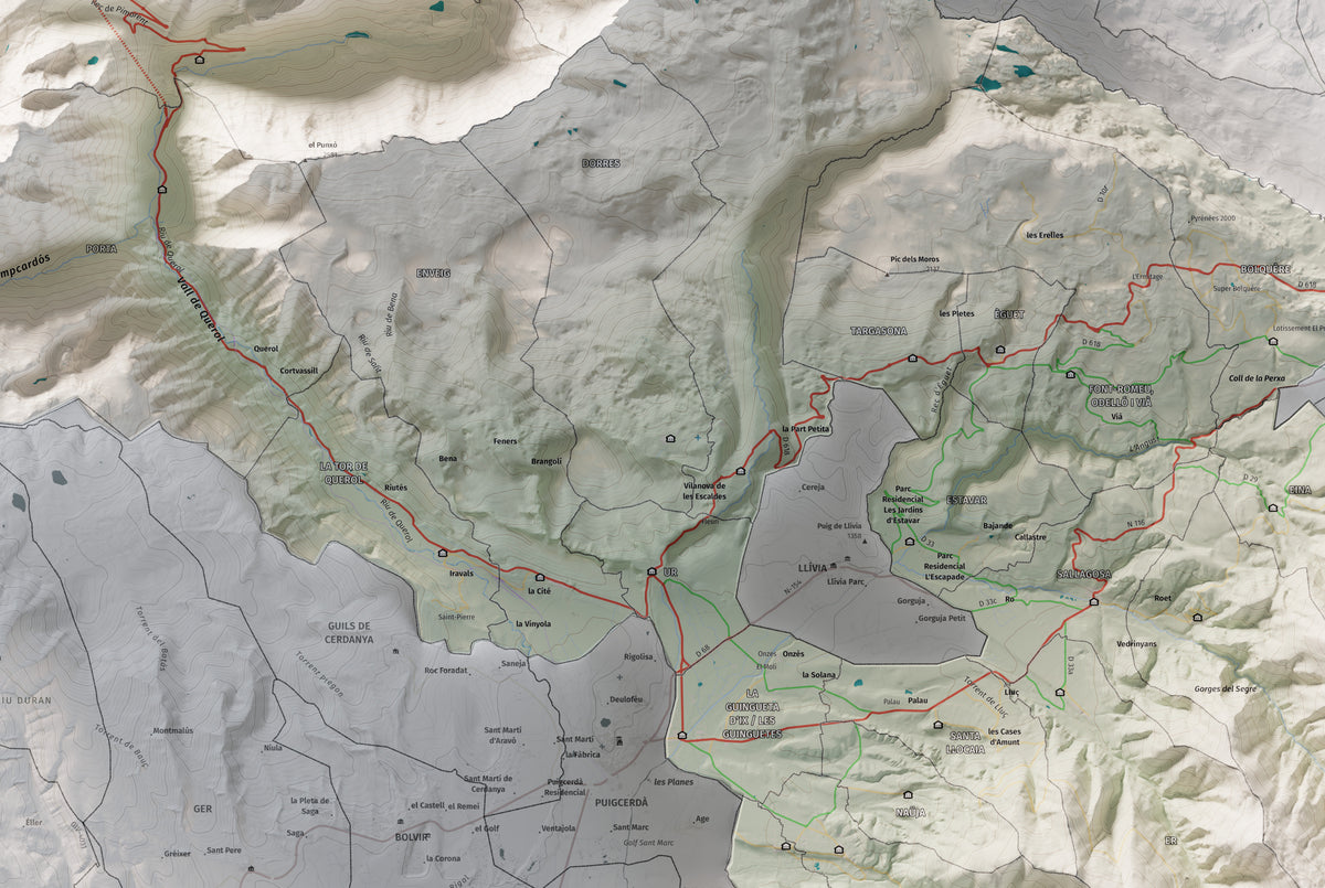 Mapa de relieve de la Alta Cerdanya, con el territorio en color y el entorno en blanco. Detalle de la zona central. 61 × 91 cm. Estilo Cartográfico.