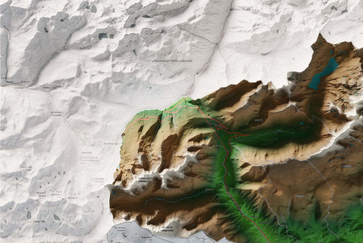 Mapa de relieve de la Alta Cerdanya, con el territorio en color y el entorno en blanco. Detalle de la zona superior izquierda. 61 × 91 cm. Estilo Clásico.