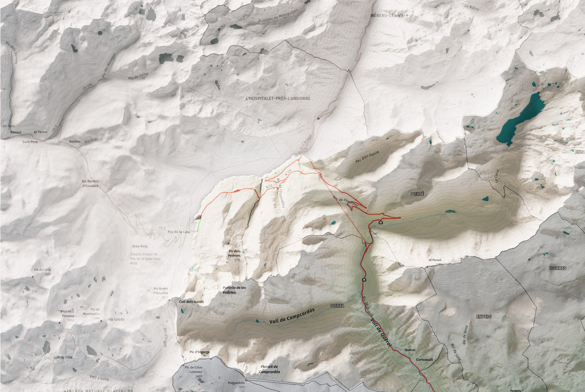 Mapa de relieve de la Alta Cerdanya, con el territorio en color y el entorno en blanco. Detalle de la zona superior izquierda. 61 × 91 cm. Estilo Cartográfico.