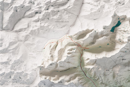 Mapa de relieve de la Alta Cerdanya, con el territorio en color y el entorno en blanco. Detalle de la zona superior izquierda. 61 × 91 cm. Estilo Cartográfico.