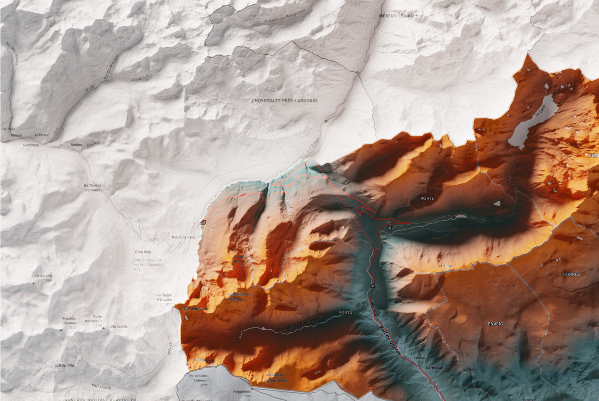 Mapa de relieve de la Alta Cerdanya, con el territorio en color y el entorno en blanco. Detalle de la zona superior izquierda. 61 × 91 cm. Estilo Contrastado.