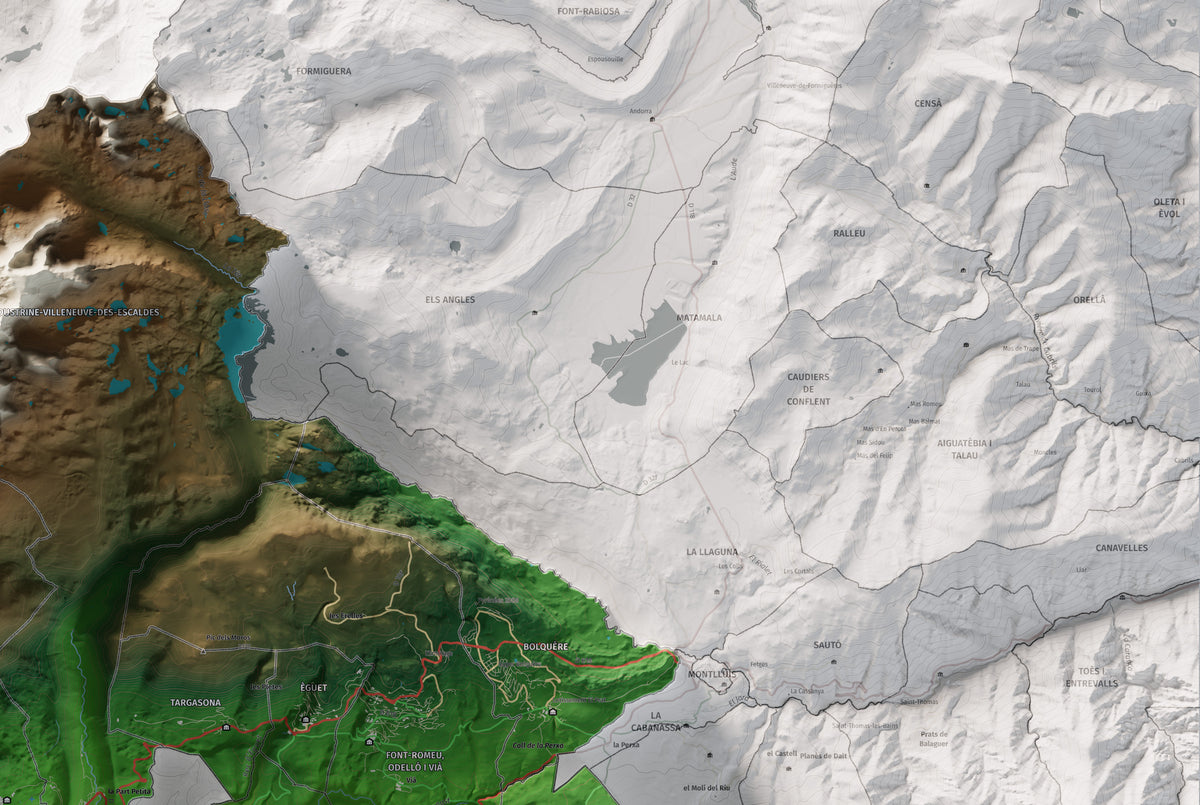 Mapa de relieve de la Alta Cerdanya, con el territorio en color y el entorno en blanco. Detalle de la zona superior derecha. 61 × 91 cm. Estilo Clásico.