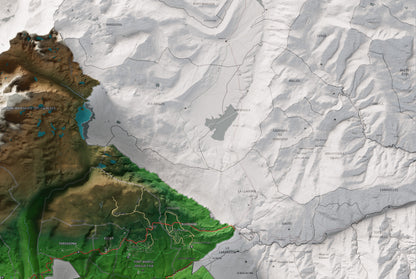 Mapa de relieve de la Alta Cerdanya, con el territorio en color y el entorno en blanco. Detalle de la zona superior derecha. 61 × 91 cm. Estilo Clásico.