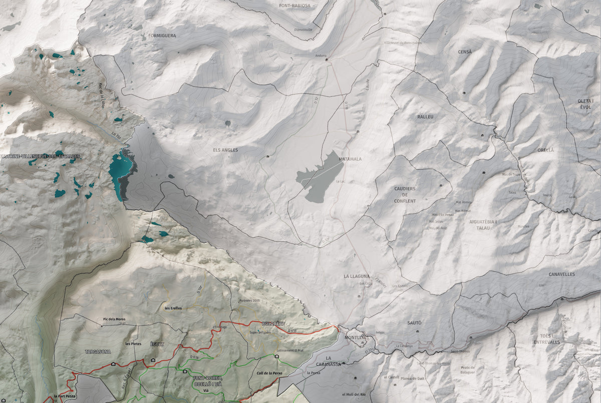 Mapa de relieve de la Alta Cerdanya, con el territorio en color y el entorno en blanco. Detalle de la zona superior derecha. 61 × 91 cm. Estilo Cartográfico.