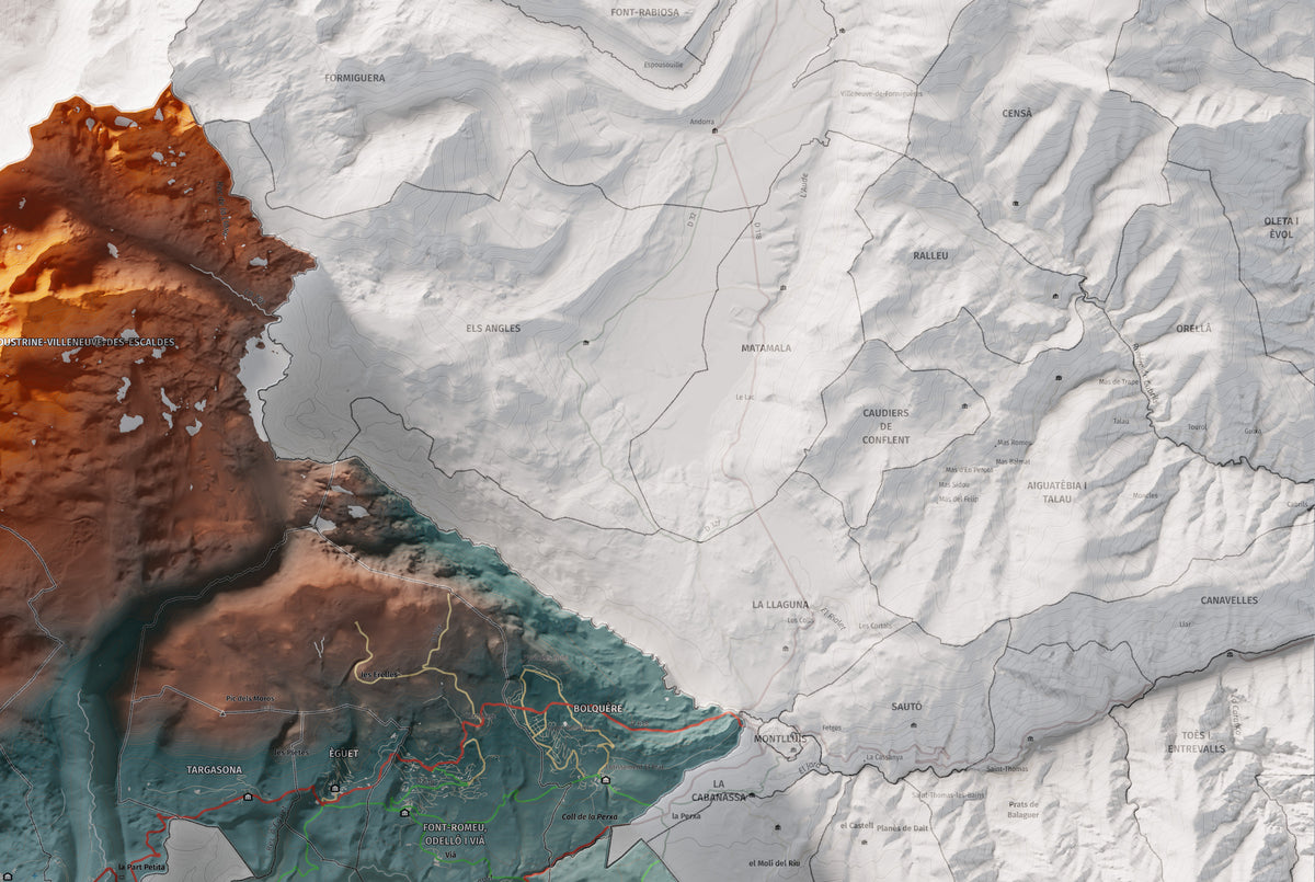 Mapa de relieve de la Alta Cerdanya, con el territorio en color y el entorno en blanco. Detalle de la zona superior derecha. 61 × 91 cm. Estilo Contrastado.