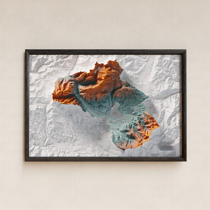 Mapa de relieve de la Alta Cerdanya, con el territorio en color y el entorno en blanco. Presentación con marco. 61 × 91 cm. Estilo Contrastado.