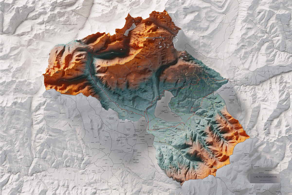 Mapa de relieve de la Alta Cerdanya, con el territorio en color y el entorno en blanco. Vista completa de la lámina. 61 × 91 cm. Estilo Contrastado.