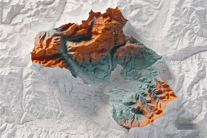 Mapa de relieve de la Alta Cerdanya, con el territorio en color y el entorno en blanco. Vista completa de la lámina. 61 × 91 cm. Estilo Contrastado.