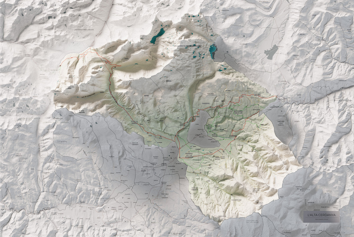 Mapa de relieve de la Alta Cerdanya, con el territorio en color y el entorno en blanco. Vista completa de la lámina. 61 × 91 cm. Estilo Cartográfico.