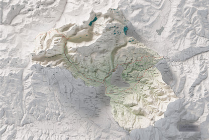 Mapa de relieve de la Alta Cerdanya, con el territorio en color y el entorno en blanco. Vista completa de la lámina. 61 × 91 cm. Estilo Cartográfico.