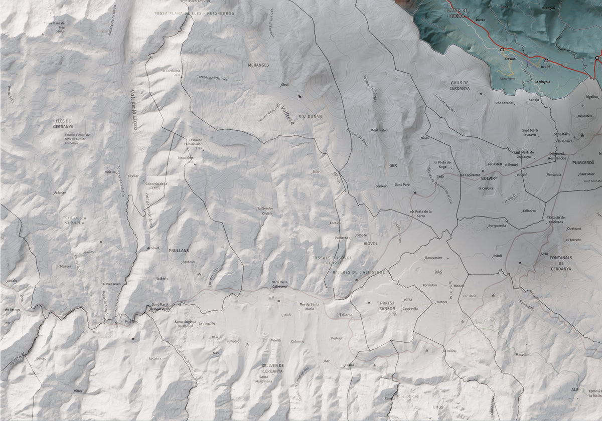 Mapa de relieve de la Alta Cerdanya, con el territorio en color y el entorno en blanco. Detalle de la zona inferior izquierda. 70 × 100 cm. Estilo Contrastado.