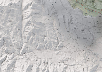 Mapa de relieve de la Alta Cerdanya, con el territorio en color y el entorno en blanco. Detalle de la zona inferior izquierda. 70 × 100 cm. Estilo Cartográfico.