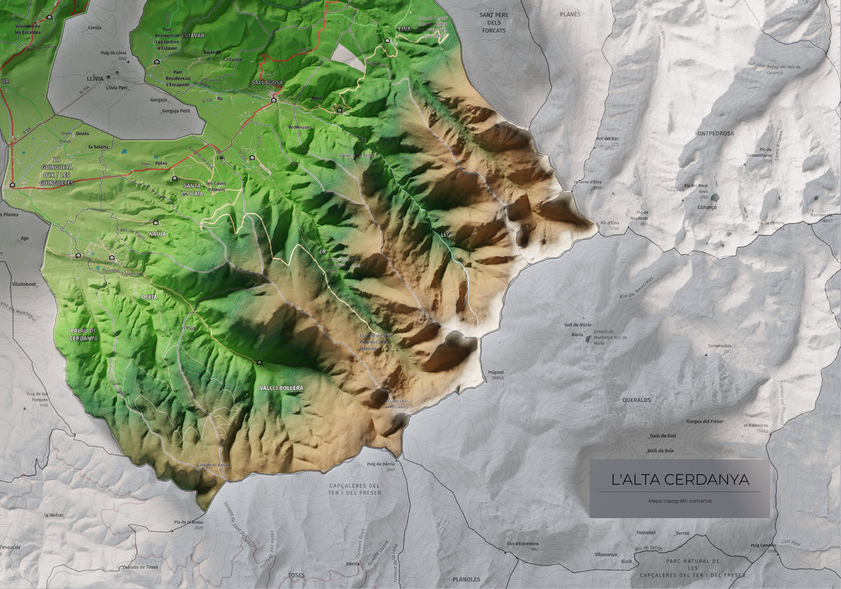 Mapa de relieve de la Alta Cerdanya, con el territorio en color y el entorno en blanco. Detalle de la zona inferior derecha. 70 × 100 cm. Estilo Clásico.