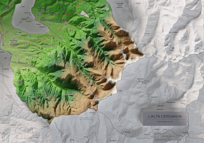 Mapa de relieve de la Alta Cerdanya, con el territorio en color y el entorno en blanco. Detalle de la zona inferior derecha. 70 × 100 cm. Estilo Clásico.