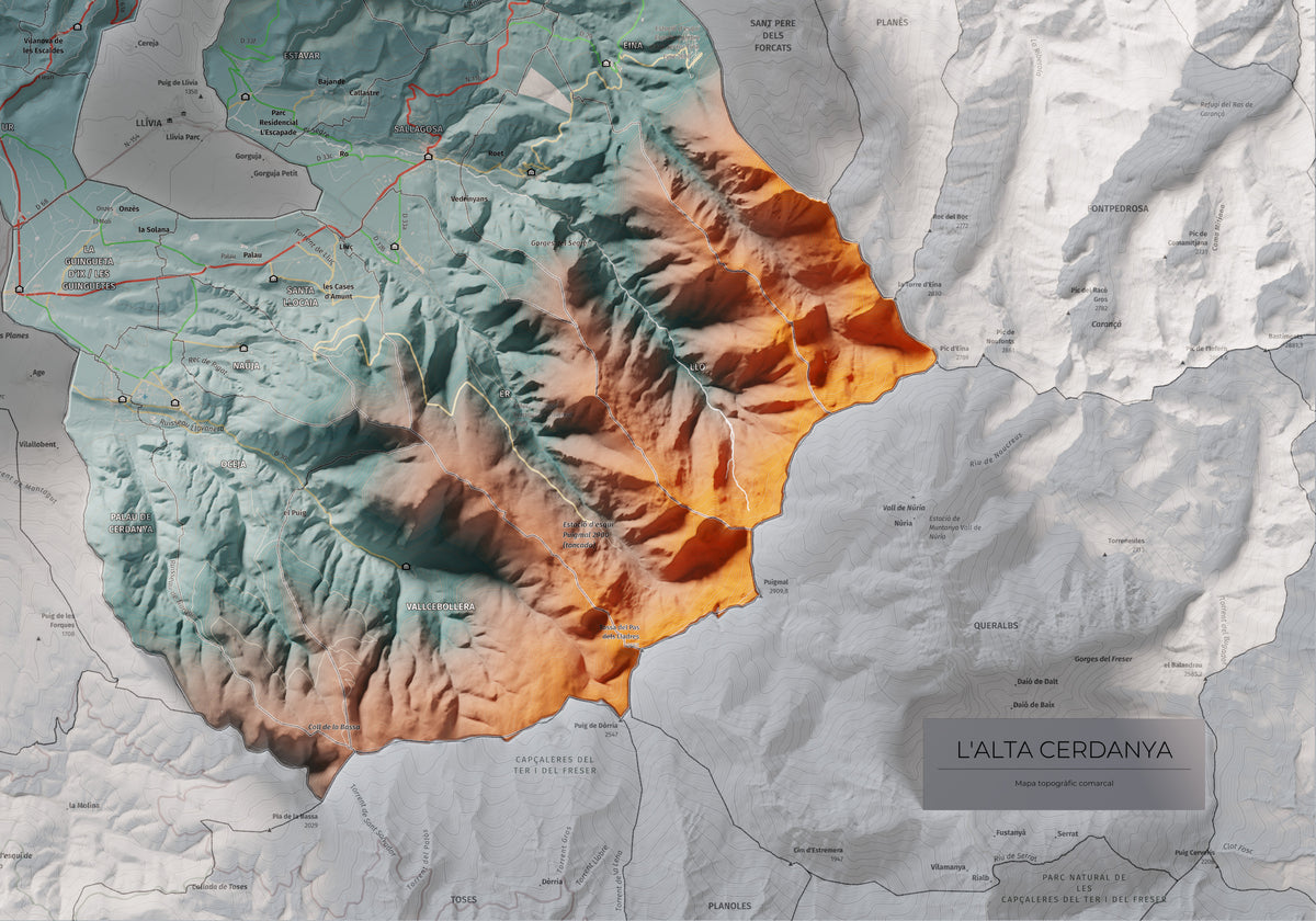 Mapa de relieve de la Alta Cerdanya, con el territorio en color y el entorno en blanco. Detalle de la zona inferior derecha. 70 × 100 cm. Estilo Contrastado.