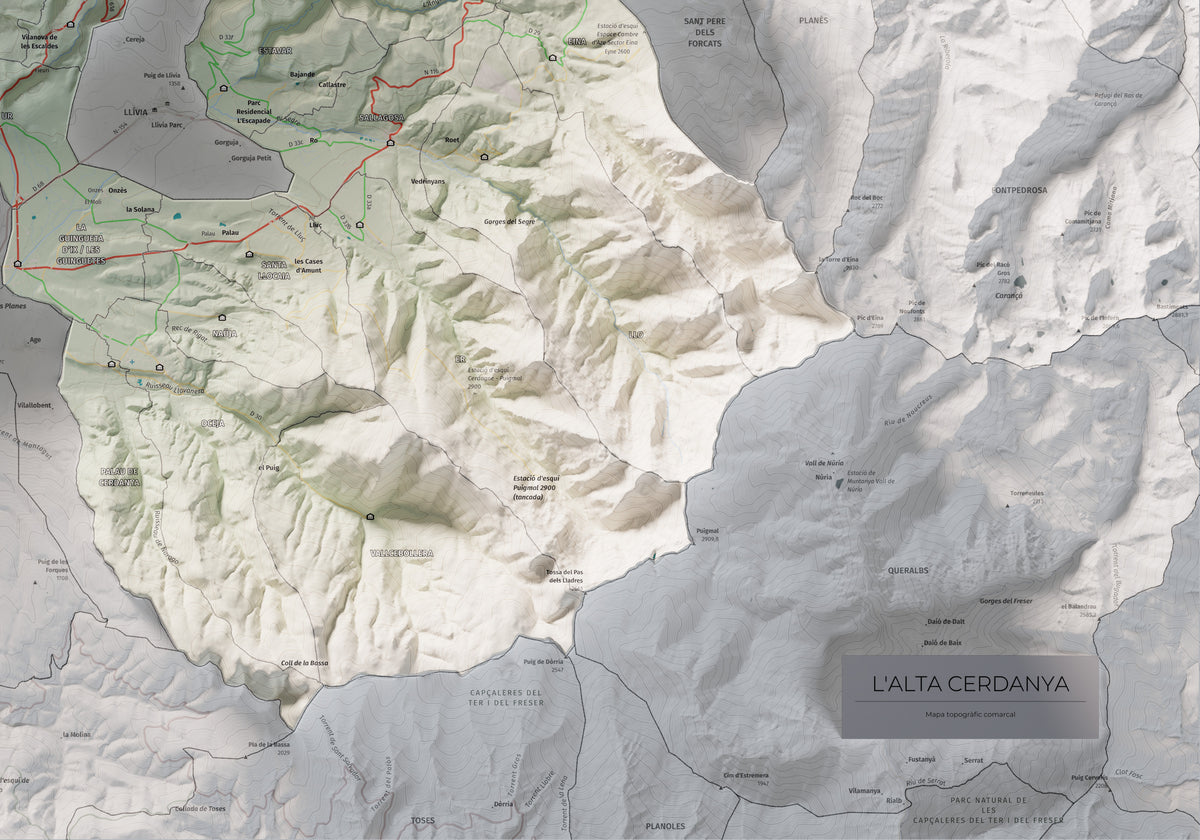 Mapa de relieve de la Alta Cerdanya, con el territorio en color y el entorno en blanco. Detalle de la zona inferior derecha. 70 × 100 cm. Estilo Cartográfico.