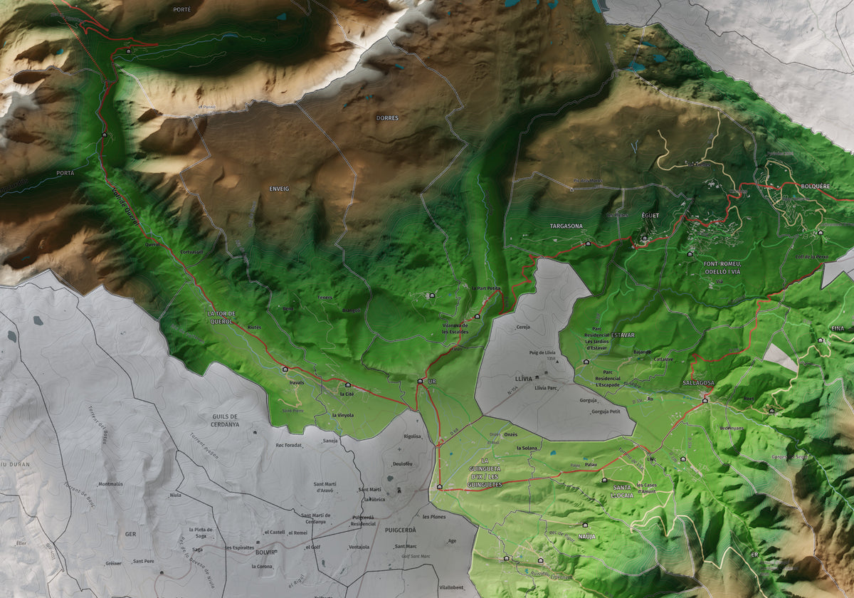 Mapa de relieve de la Alta Cerdanya, con el territorio en color y el entorno en blanco. Detalle de la zona central. 70 × 100 cm. Estilo Clásico.