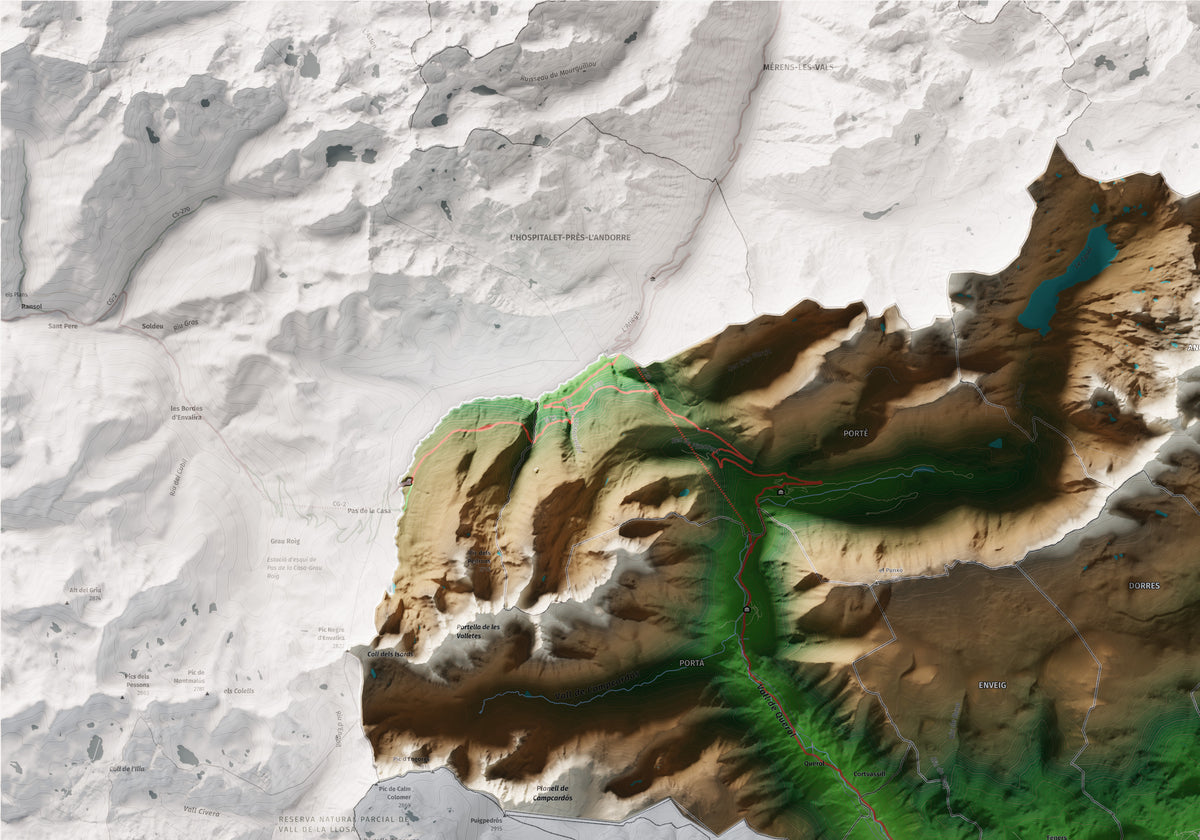 Mapa de relieve de la Alta Cerdanya, con el territorio en color y el entorno en blanco. Detalle de la zona superior izquierda. 70 × 100 cm. Estilo Clásico.