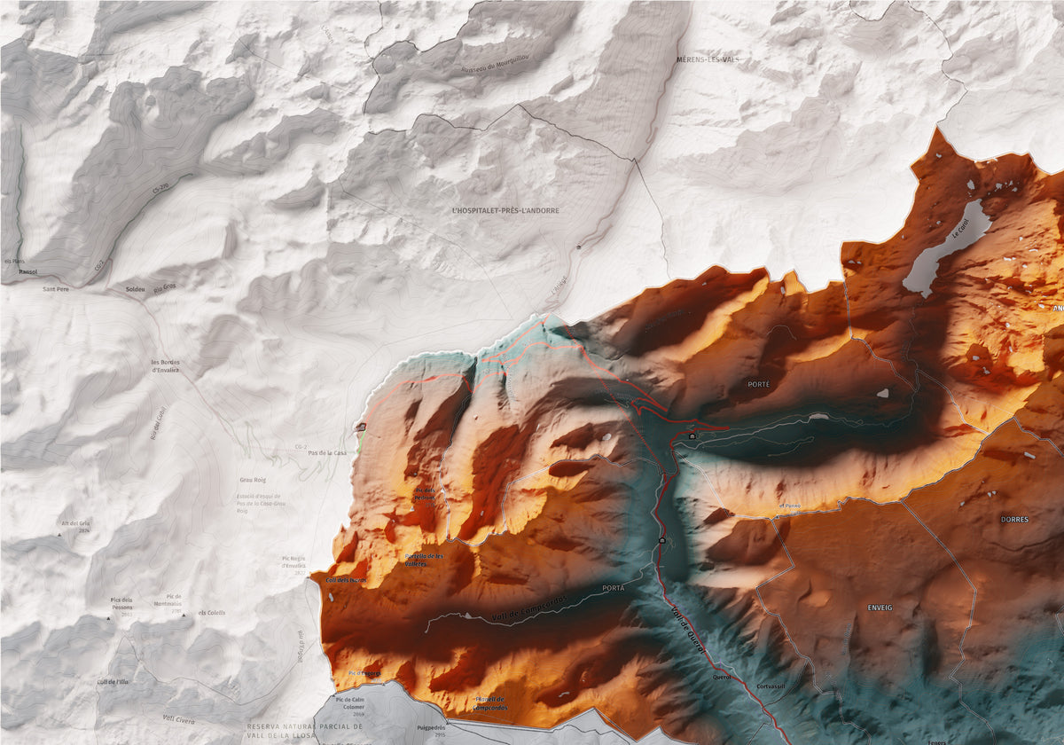 Mapa de relieve de la Alta Cerdanya, con el territorio en color y el entorno en blanco. Detalle de la zona superior izquierda. 70 × 100 cm. Estilo Contrastado.