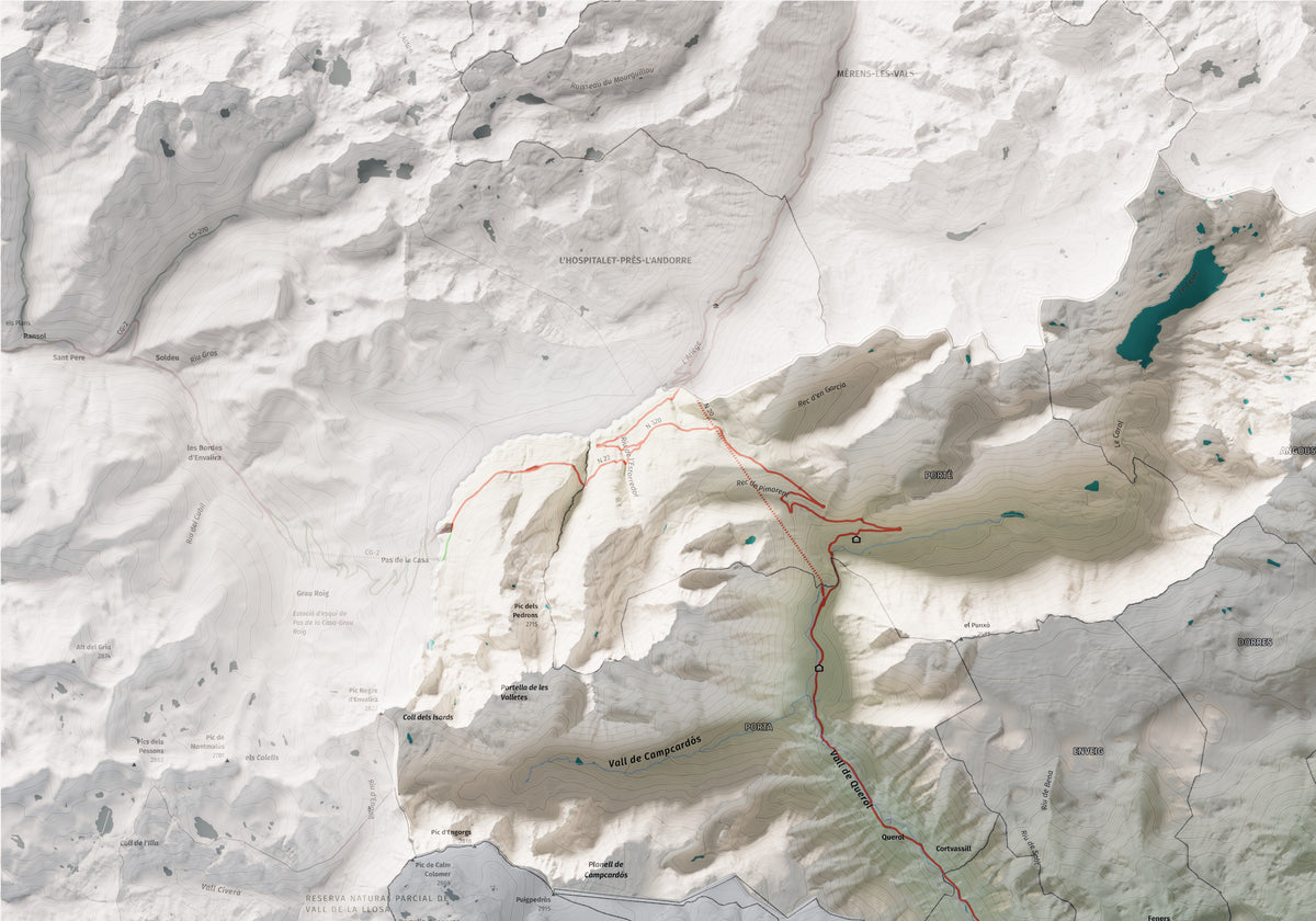 Mapa de relieve de la Alta Cerdanya, con el territorio en color y el entorno en blanco. Detalle de la zona superior izquierda. 70 × 100 cm. Estilo Cartográfico.