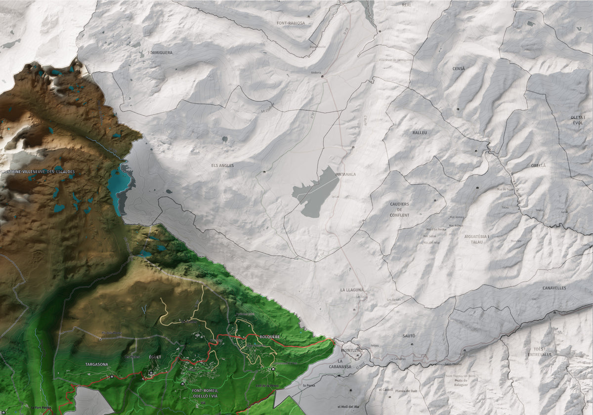 Mapa de relieve de la Alta Cerdanya, con el territorio en color y el entorno en blanco. Detalle de la zona superior derecha. 70 × 100 cm. Estilo Clásico.